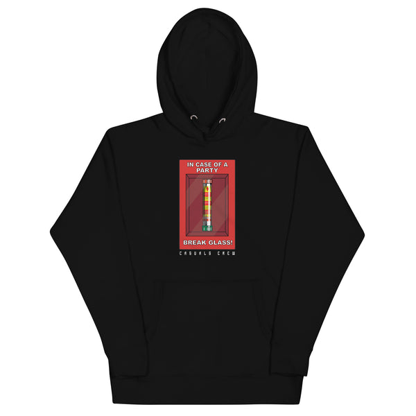 A black hoodie with a front pouch pocket and a 3-panel hood. It features a red graphic on the front with the text 'BREAK CLEAN' and the band name 'CREW CUT'.